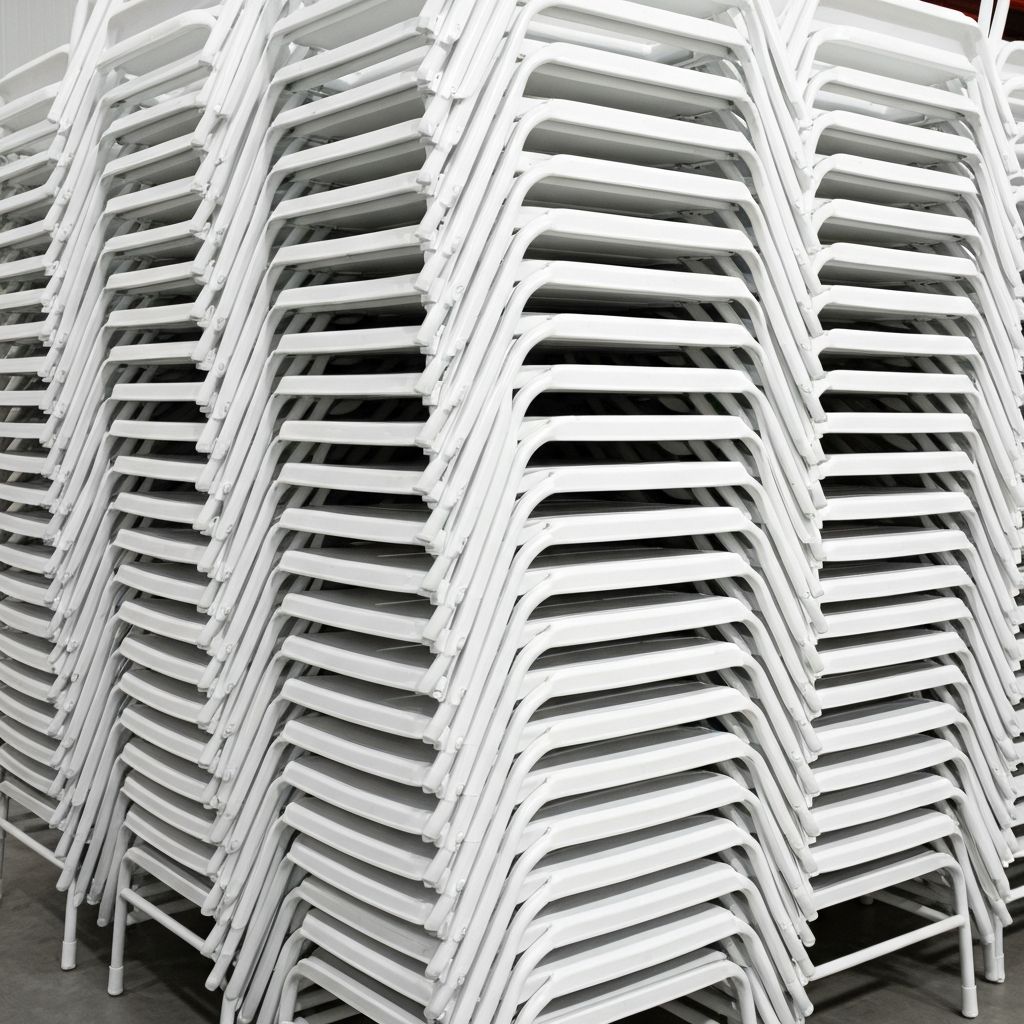 Large stack of white folding chairs showing inventory