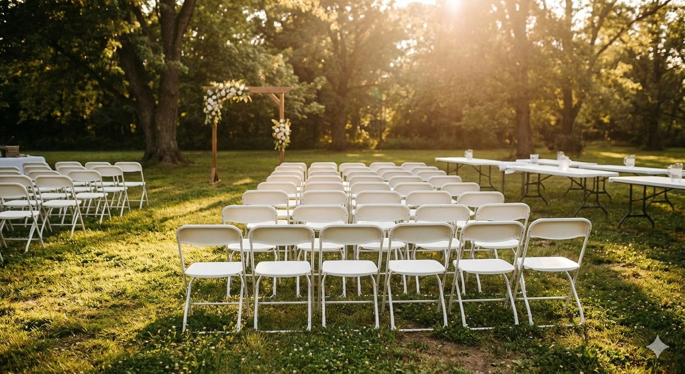 Rows of white folding chairs rented for garden ceremony in Oshawa Durham Region - Gather and Go Rentals
