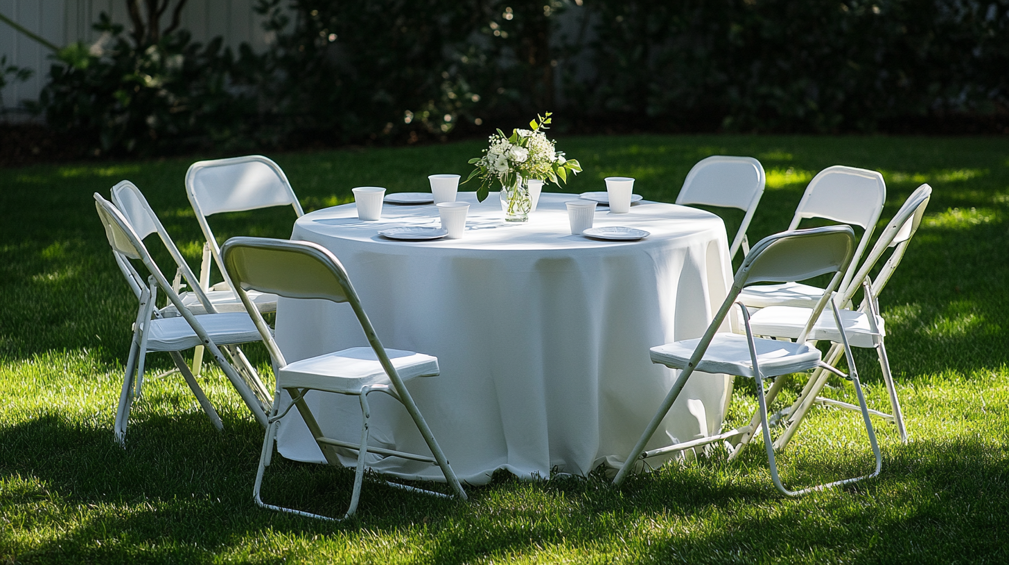White folding chairs and table rental setup for outdoor wedding reception in Whitby Durham Region - Gather and Go Rentals