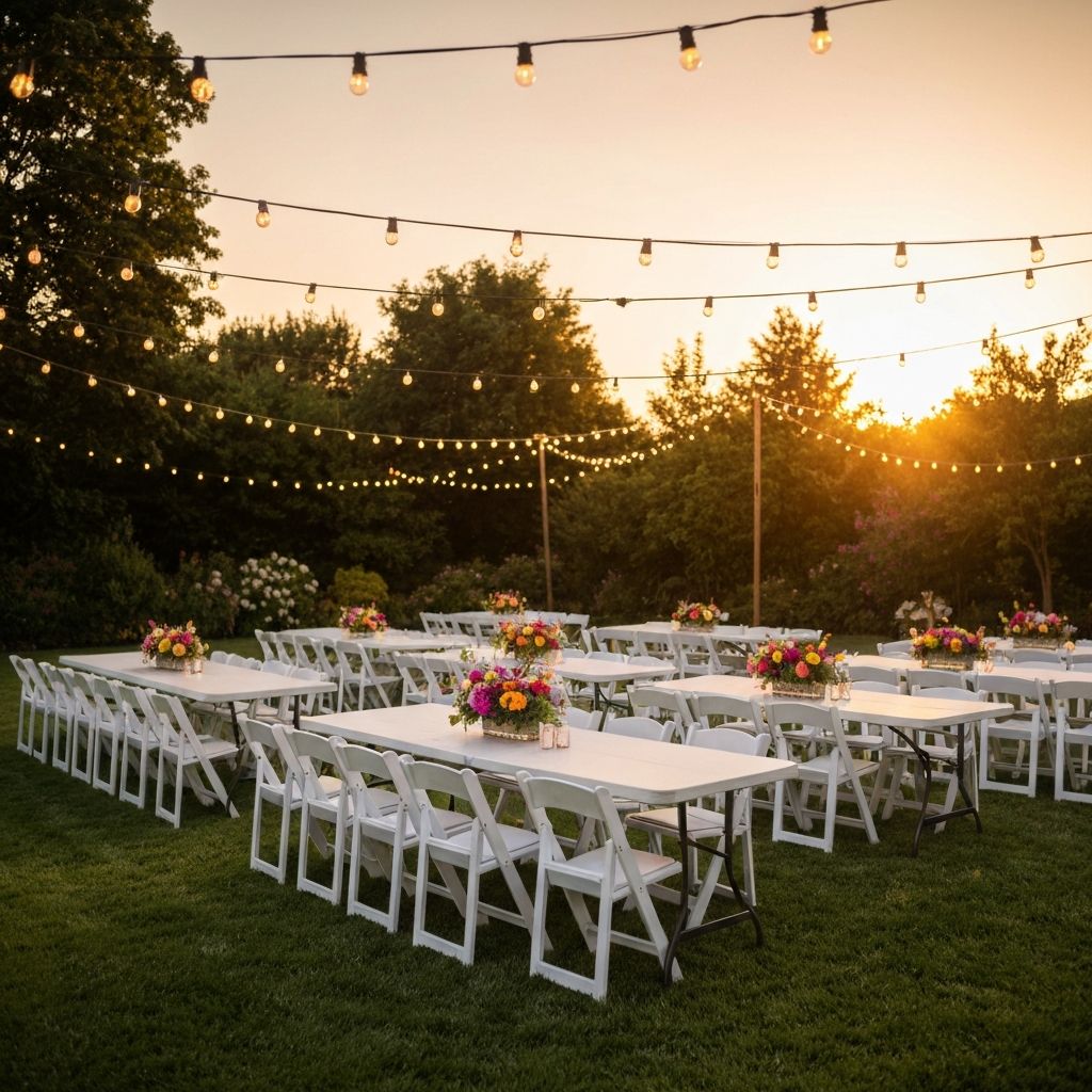 Chair and table rentals for backyard parties and events in Durham Region Ontario - White folding chairs and tables set up outdoors - Gather and Go Rentals Whitby Oshawa Courtice