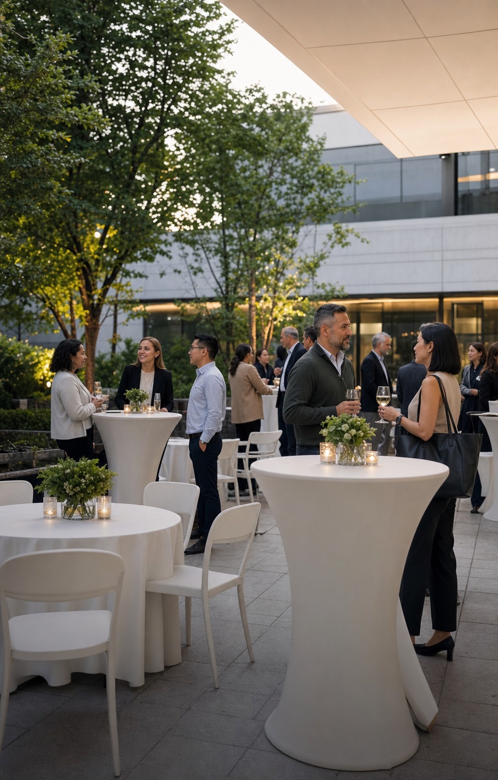 A polished corporate reception with cocktail tables and guests in a landscaped courtyard