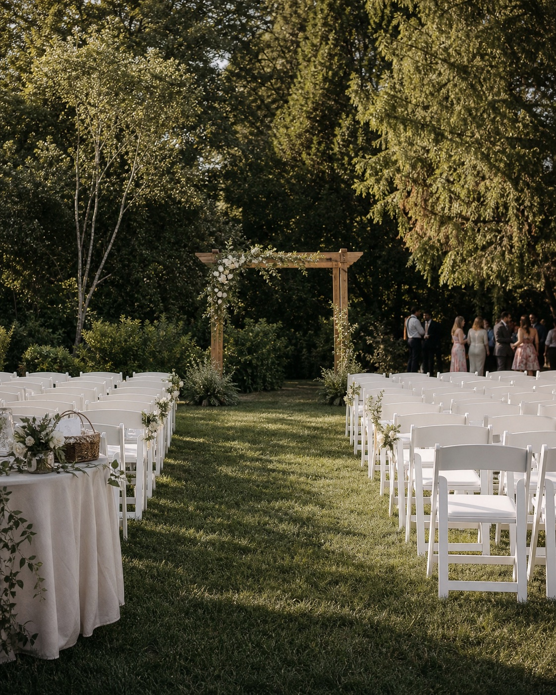 A refined garden wedding ceremony with rows of white chairs and a simple floral arch