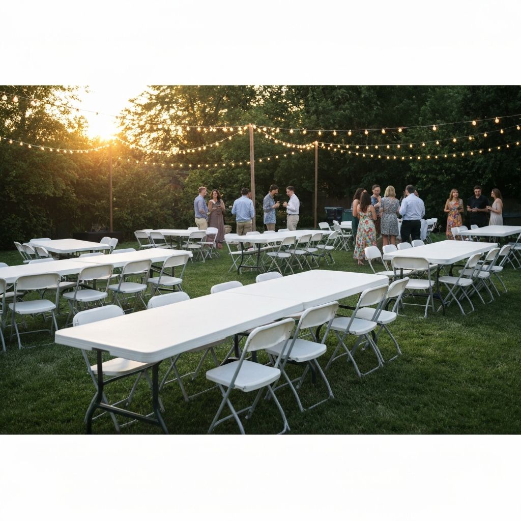 Backyard party setup with tables and chairs