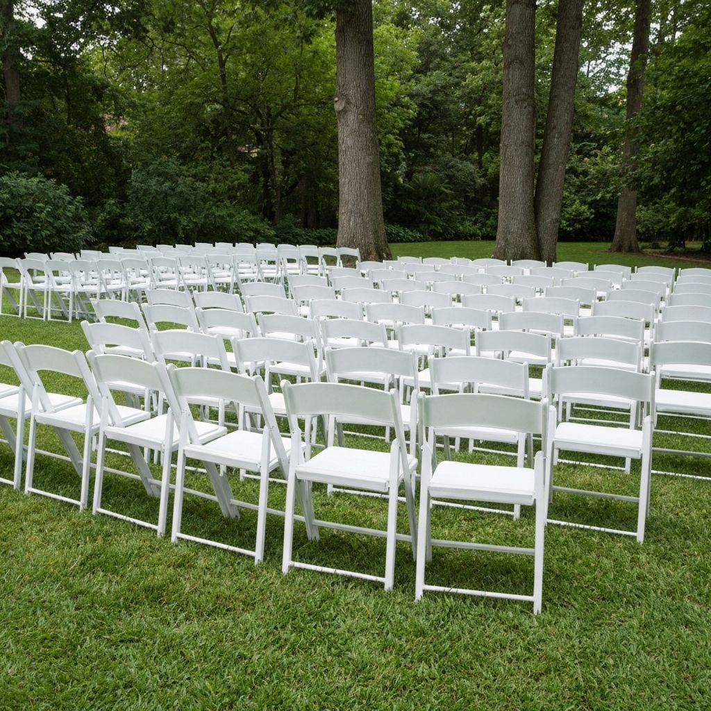 White folding chairs arranged in a garden